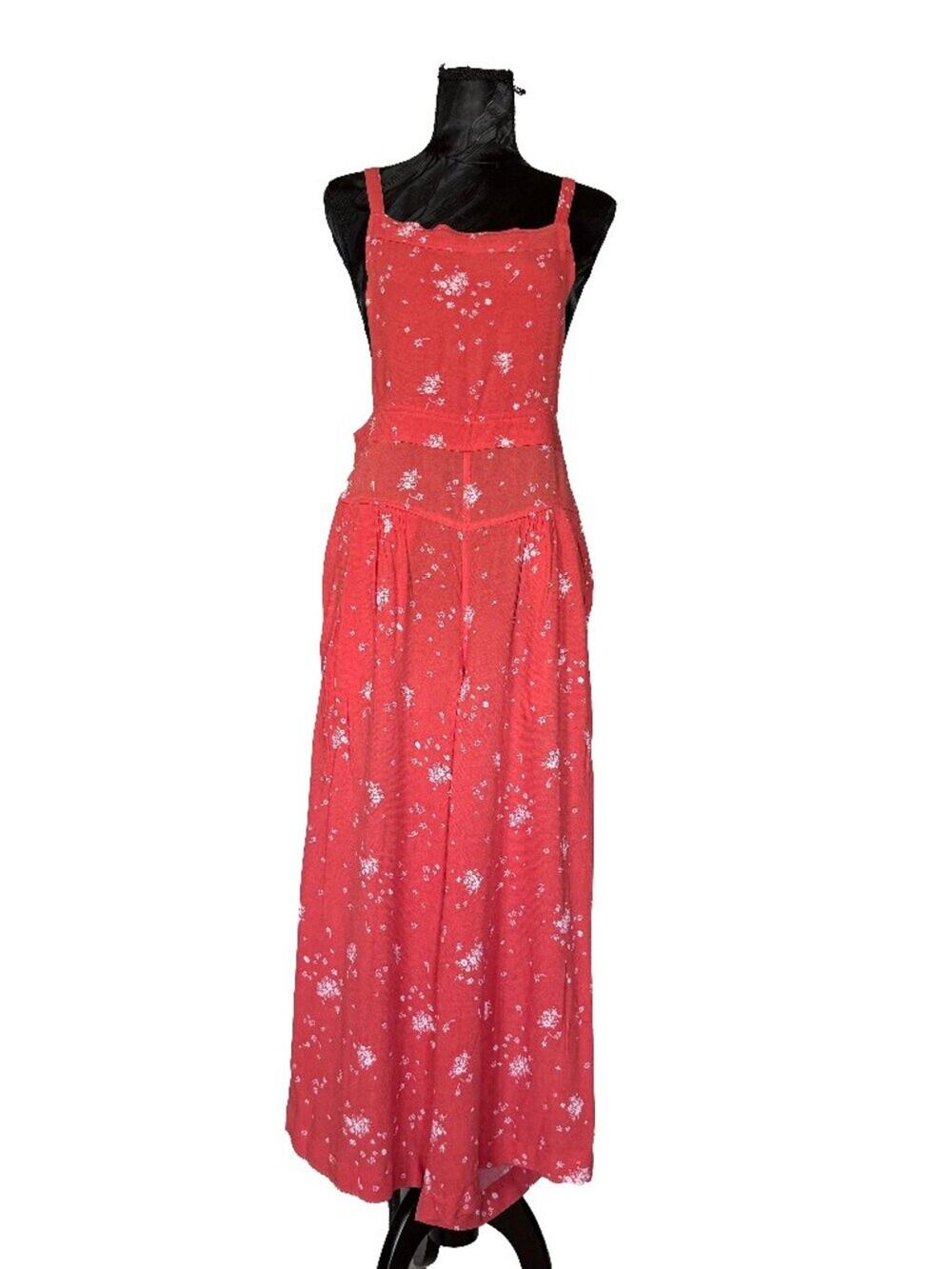 FREE PEOPLE (MISSING TAG) Coral Red Floral Wide Leg Pinafore Jumpsuit
